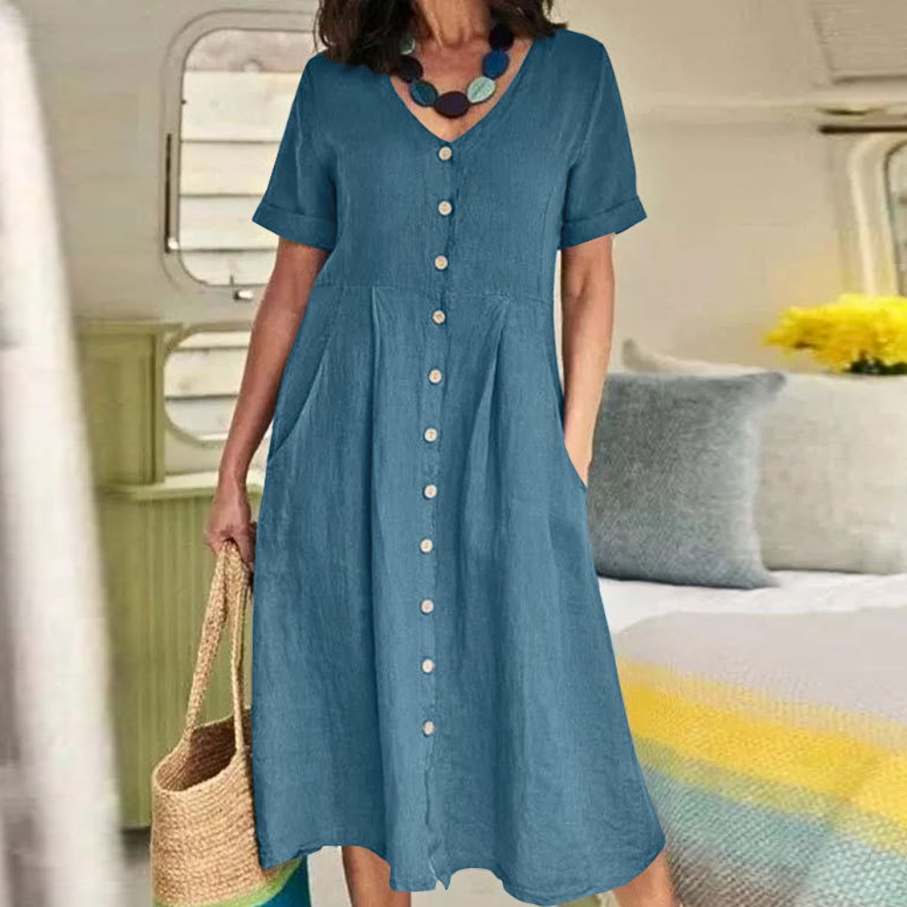 Sophie – Casual Linnen Jurk met Knoopsluiting en Korte Mouwen