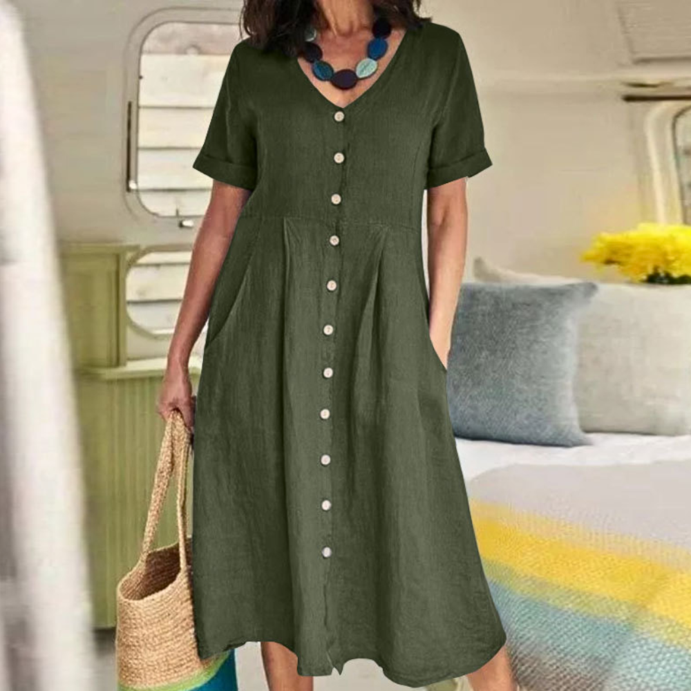 Sophie – Casual Linnen Jurk met Knoopsluiting en Korte Mouwen
