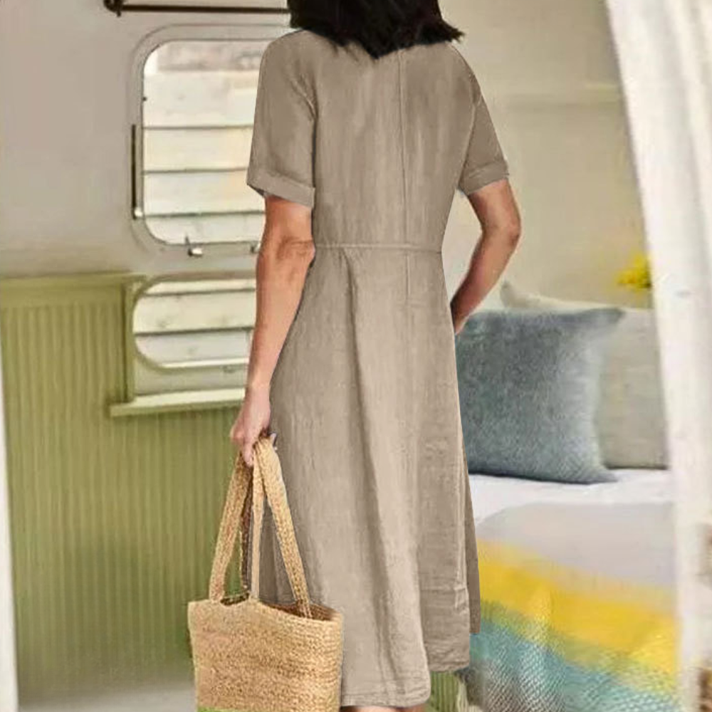 Sophie – Casual Linnen Jurk met Knoopsluiting en Korte Mouwen