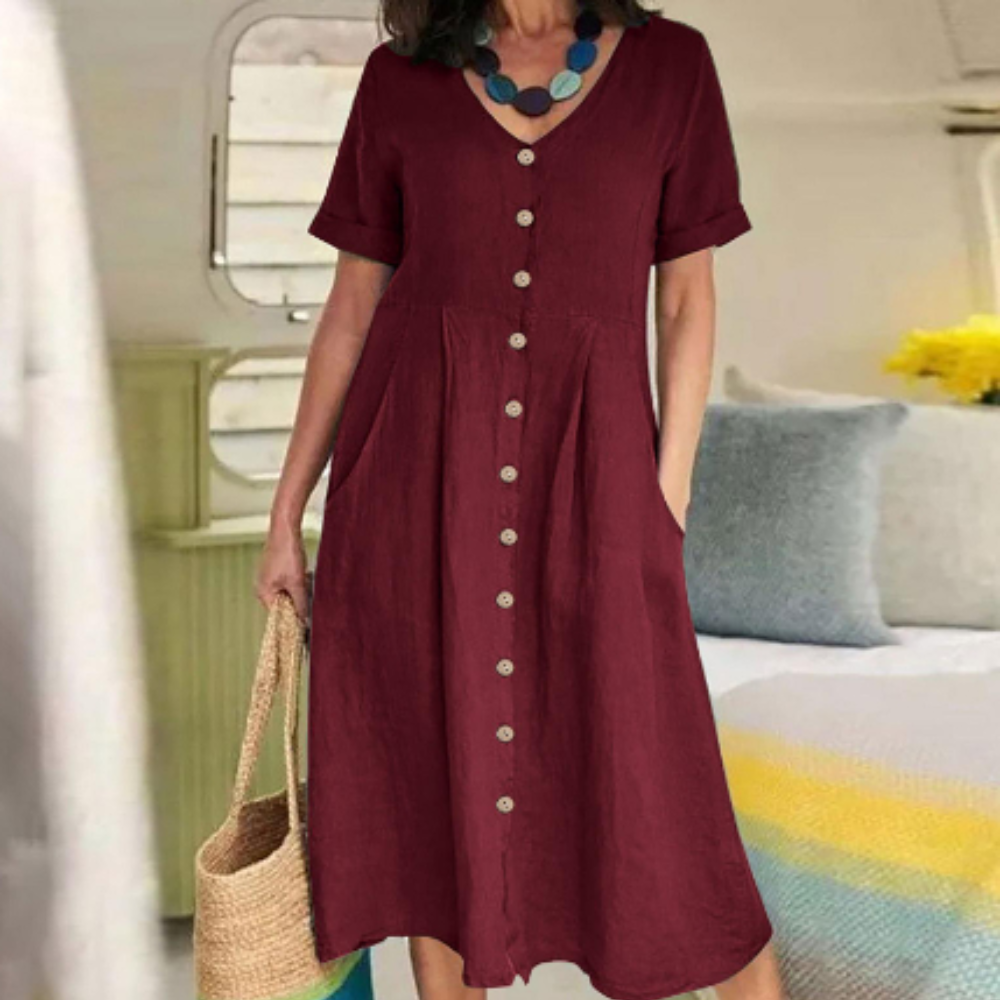 Sophie – Casual Linnen Jurk met Knoopsluiting en Korte Mouwen