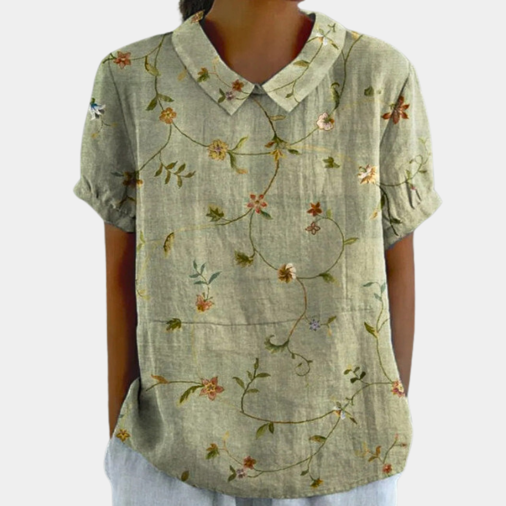 Léna - Ruime Linnen Blouse, Bloemenprint En Vintage Kraag