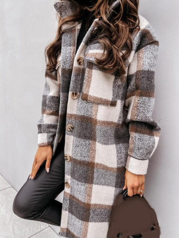 Manteau oversize à carreaux long pour dames | Chaud