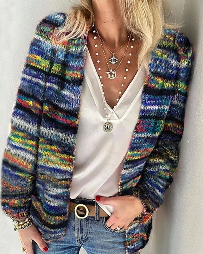 Damski Kolorowy Pasiasty Dziany Kardigan | Styl Vintage