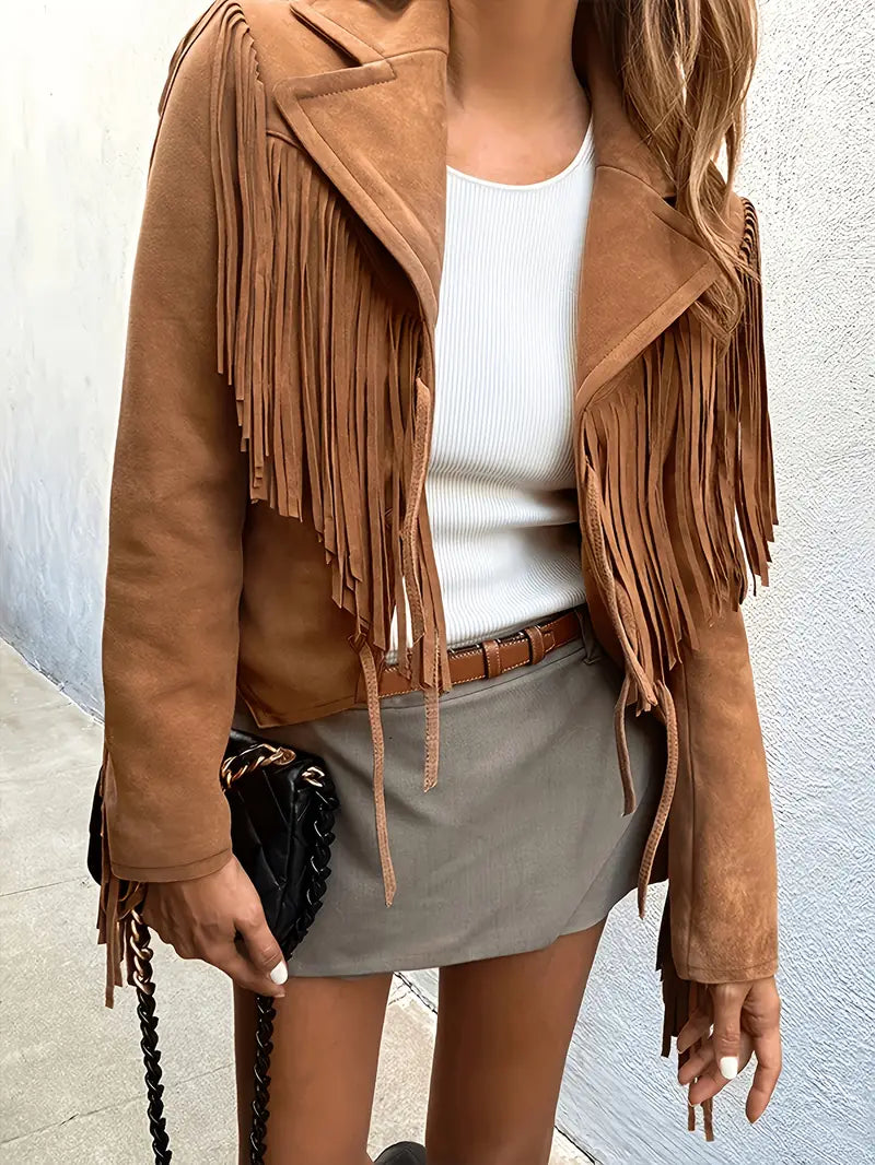 Sienna – Suèdine Jas met Franjes, Bohemian en Trendy Stijl