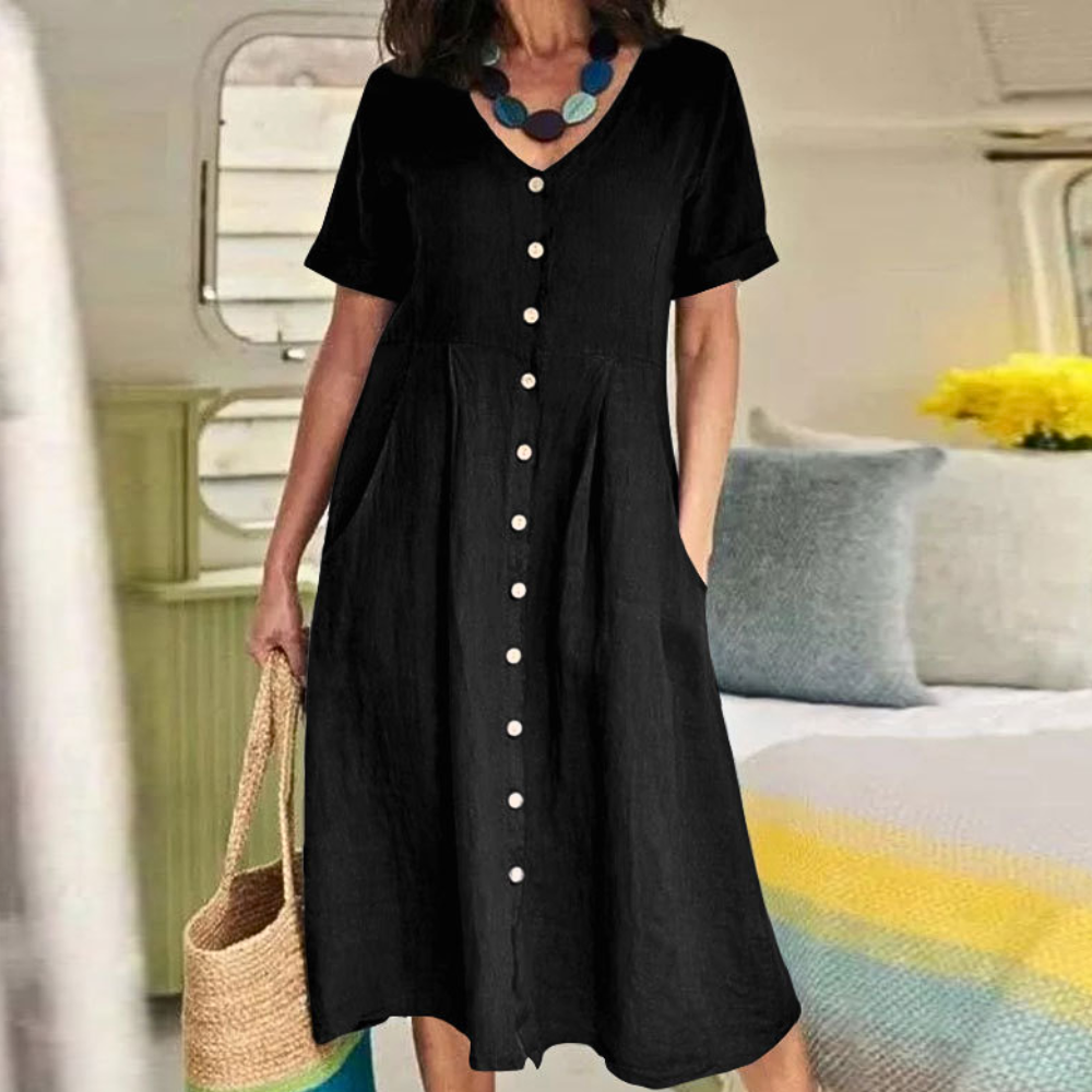 Sophie – Casual Linnen Jurk met Knoopsluiting en Korte Mouwen