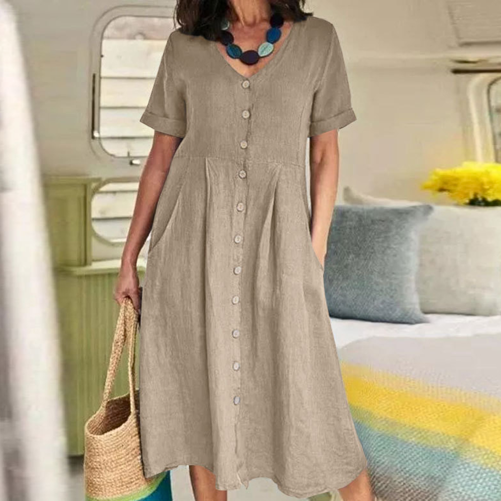 Sophie – Casual Linnen Jurk met Knoopsluiting en Korte Mouwen