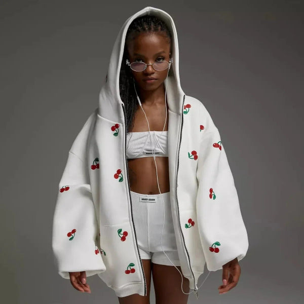 Dames Oversized Hoodie met Rits | Trendy Kersenprint